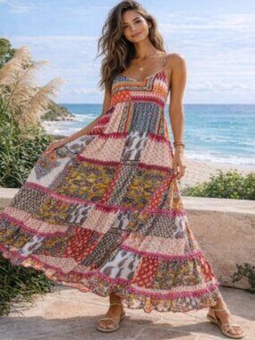 Fuchsia Rose Paisley Patchwork Maxi Dress Boho Tiered Flowy America & Beyond S